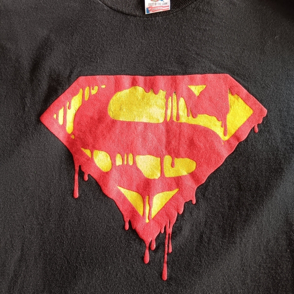 . Vintage 1992 DC Comics Death Of Superman Black Red and Yellow Puff Print Shirt - Picture 3 of 6